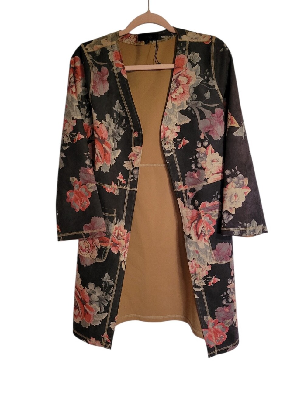 Anthro Monarc Faux Suede Floral Open-Front Jacket